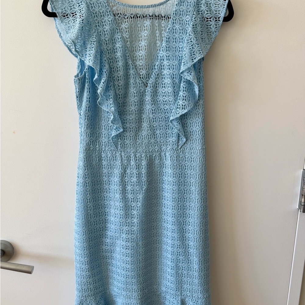 Guess Light Blue Lace Midi Dress with Ruffles